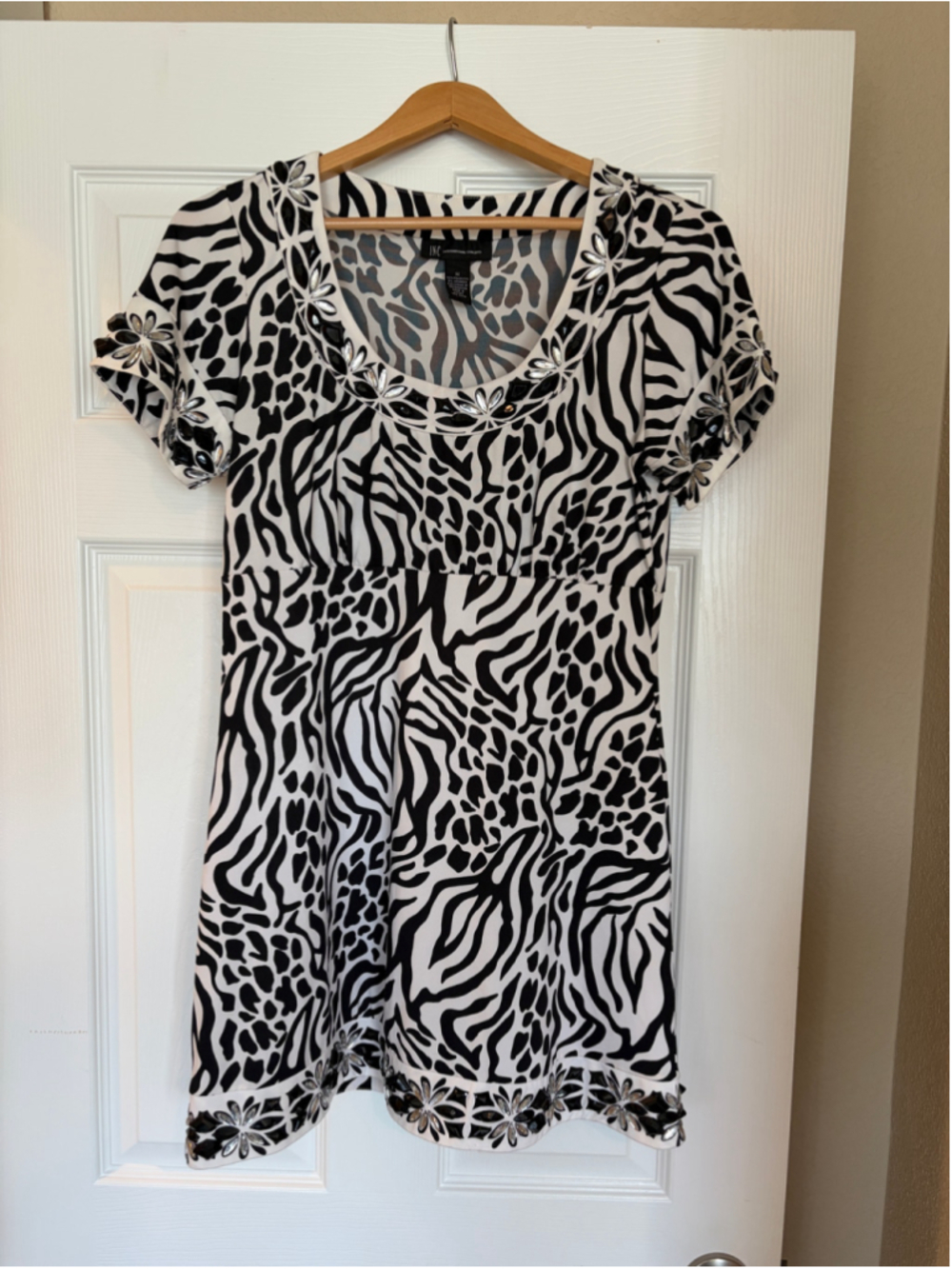 INC International Concepts Tunic Top Mini Dress M Jeweled Animal Print Y2K G5